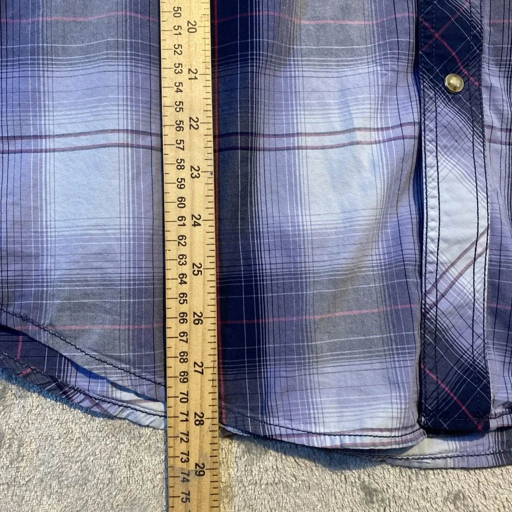 VTG Wrangler Western Shirt Mens L‎ Pearl Snap Blue Pink Plaid Rodeo Cowboy